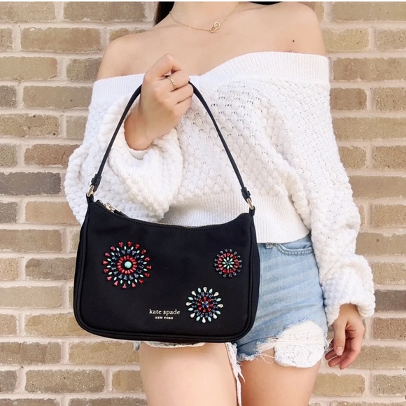 Kate Spade Little Better Sam Firework Embellished Nylon Small Shoulder Bag Black - Picture 2 of 3